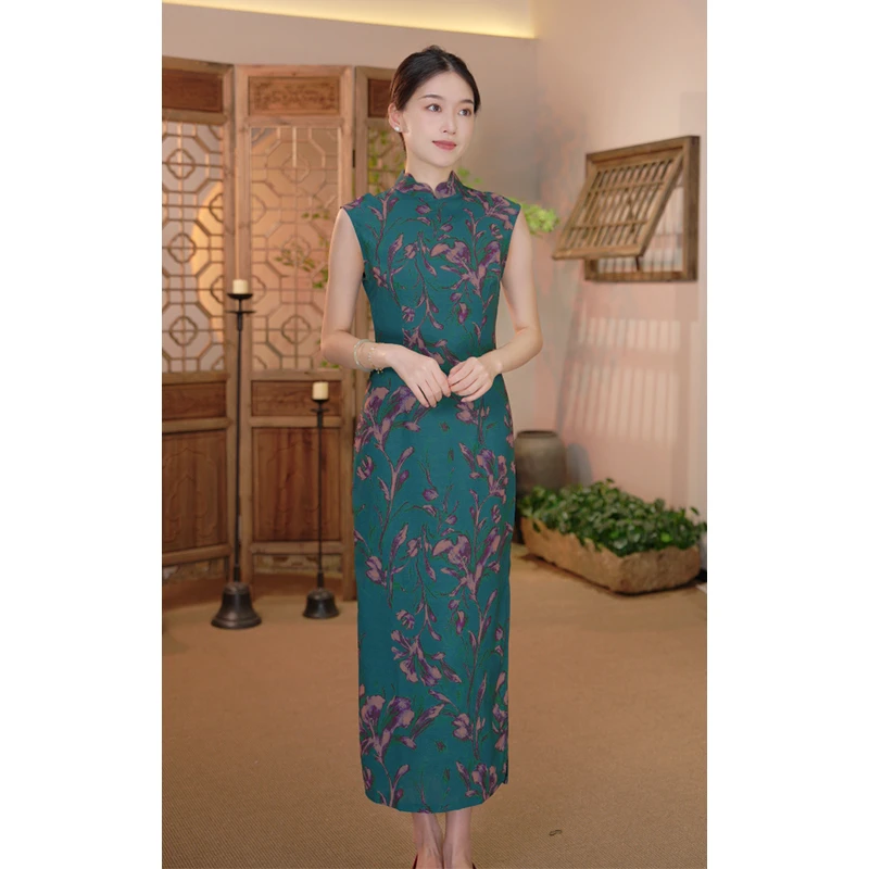 【霓歌】良辰媄锦后背拉链单层夏季中长款旗袍衣长约125CM