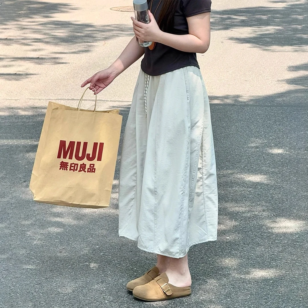 时尚百搭a字工装半身裙女夏季薄款胖mm梨形身材显瘦南瓜花苞裙子