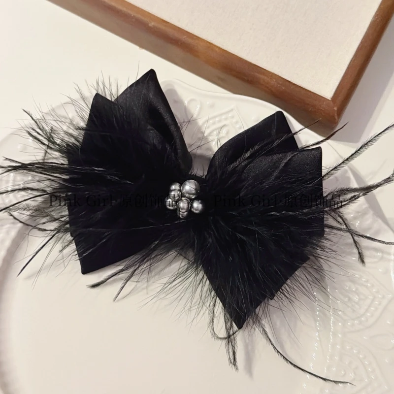 Pink Girl  T321秋冬新款蝴蝶结羽毛弹簧夹经典百搭发饰复古优雅