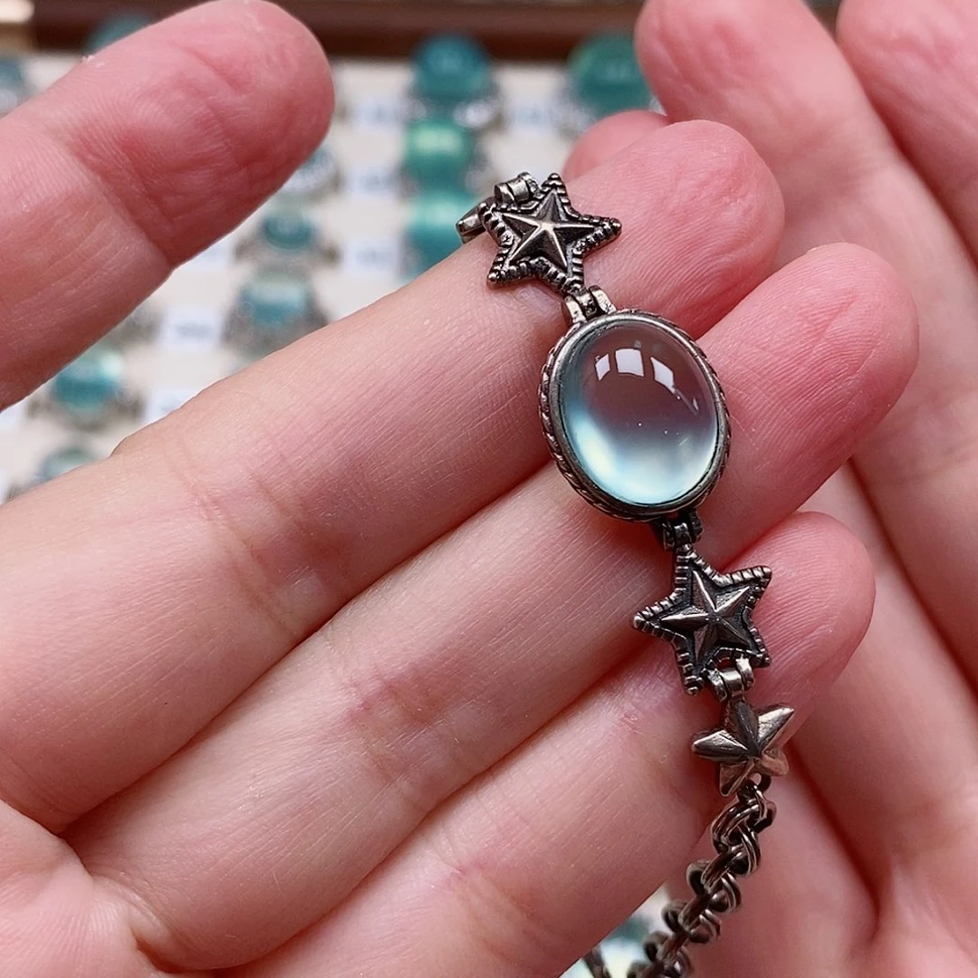 银S925镶嵌蛇纹石玉手链小***没