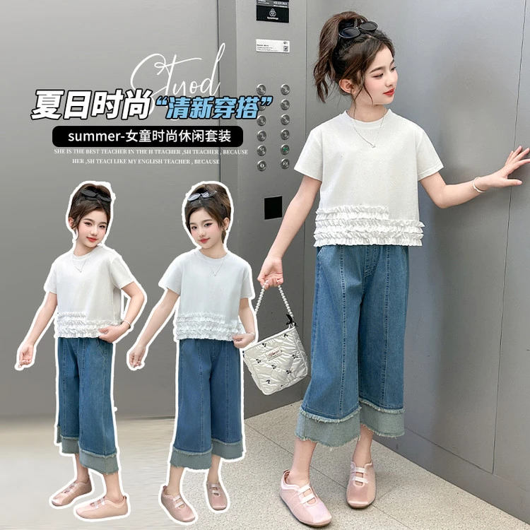 女童中大童夏季新款花边短袖七分牛仔阔腿裤两件套夏日薄款套装