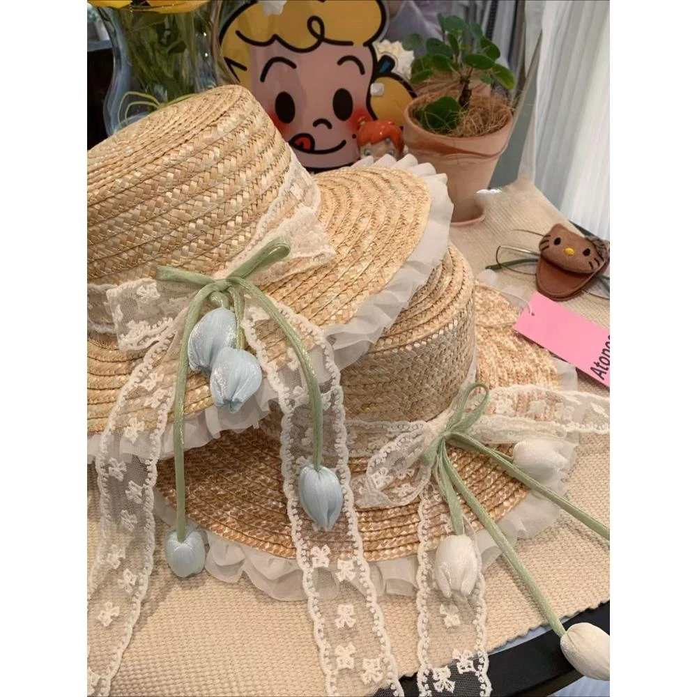 珠光郁金香！春日温柔甜美蕾丝蝴蝶结平顶夏季草帽旅游搭配大头围