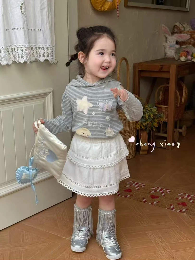 橙小七正版25年春款兔耳朵露肩条纹卫衣蛋糕裙洋气韩版可爱