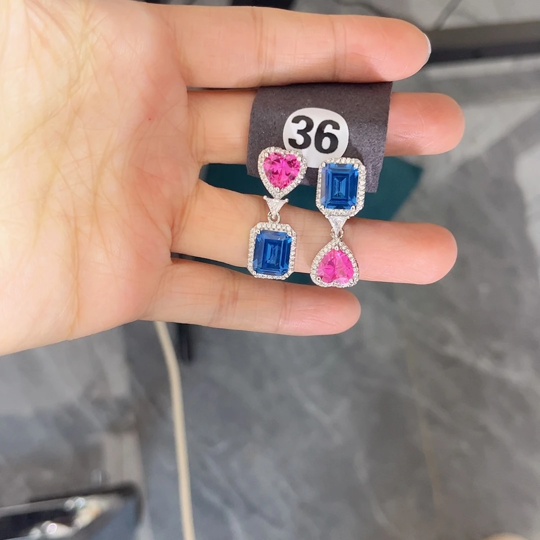 耳饰彩色蓝宝石银S925镶嵌