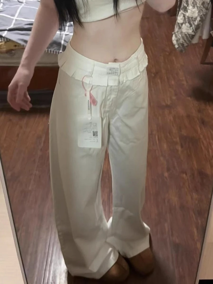 白色花边直筒牛仔裤女2025夏季新款宽松显瘦百搭垂感拖地阔腿裤子