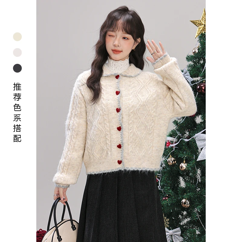 2025秋冬新款娃娃领开衫毛衣女甜美麻花针织衫外套时尚加厚上衣潮