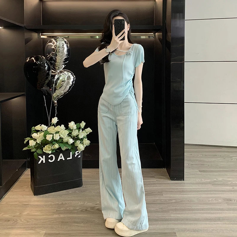 简约休闲运动套装女夏2025新款洋气减龄蓝色针织短袖牛仔裤两件套