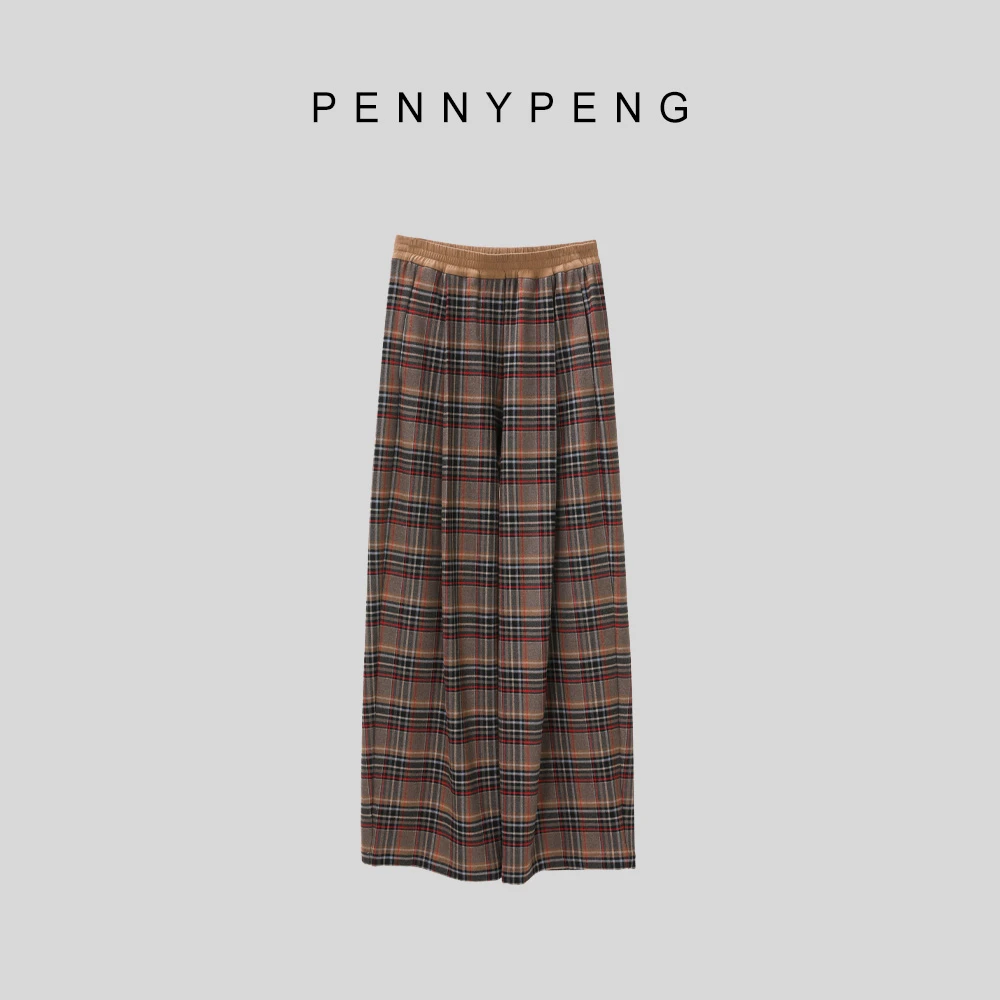 PENNYPENG叛逆甜心早秋时尚复古显瘦宽松咖色直筒垂感格纹休闲裤