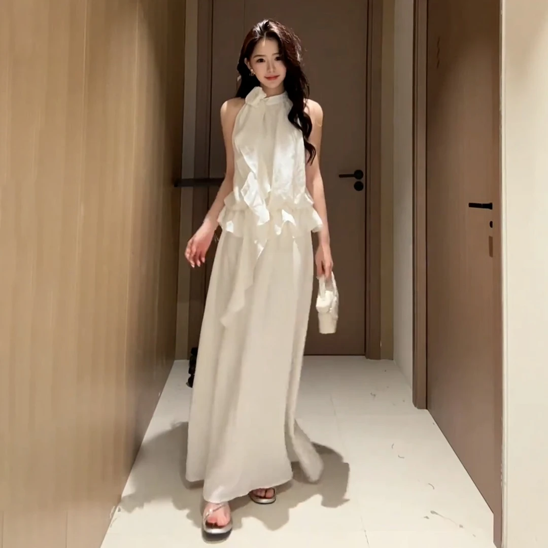 法式挂脖无袖连衣裙子女2025夏款纯欲不规则荷叶边半身裙套装4243