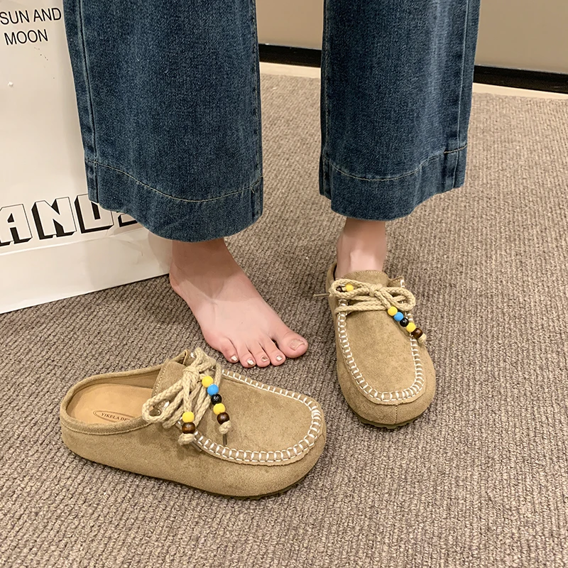 复古民族风休闲圆头平底包头半拖鞋女2025年新款夏季外穿休闲凉拖