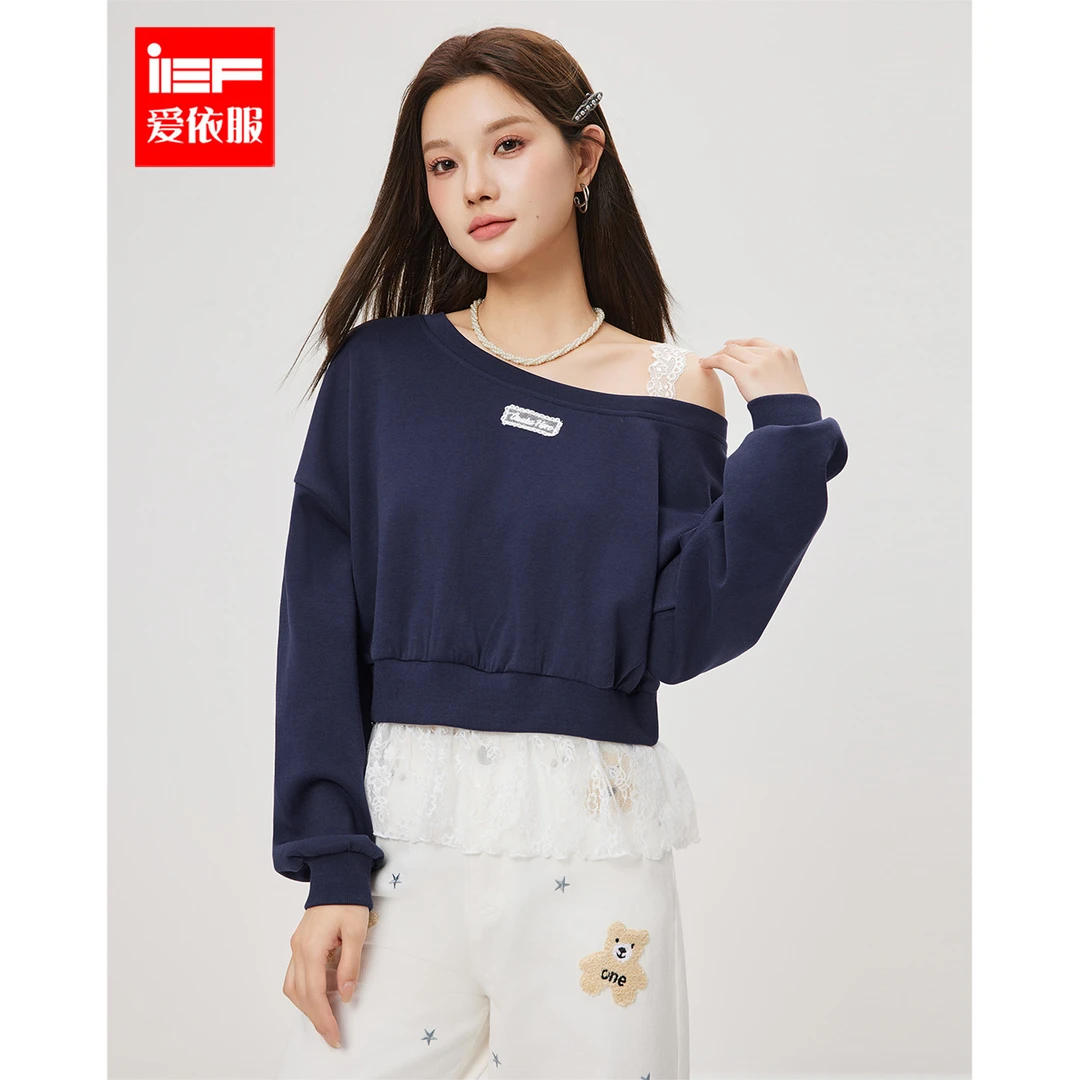 IEF/爱依服上衣2025春夏新款美式纯欲洋气休闲装蕾丝拼接设计卫衣