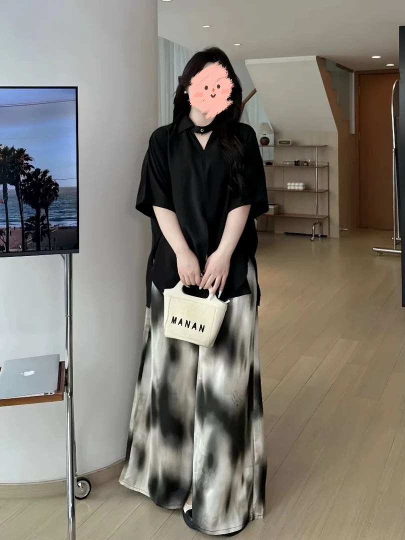 大码微胖夏季黑色短袖衬衫搭配阔腿裤遮肉显瘦套装