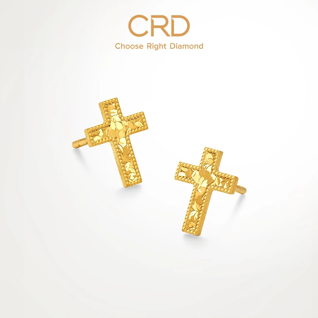 【新品】CRD克徕帝碎冰冰十字架足金耳钉十字架爆闪足金999养耳耳饰