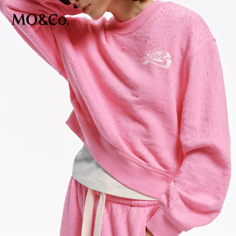 【达播用链接】MOCO春镭射破洞酵洗脏染胶印短款棉质卫衣MBD1SWS005