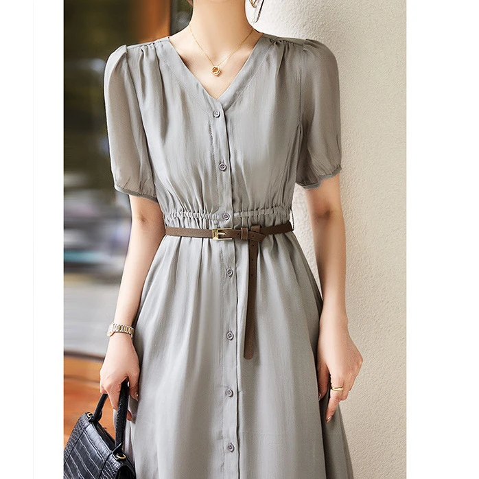 泡泡袖蚕丝连衣裙 配腰带2025夏季新款女装V领灰色中长款收腰裙子