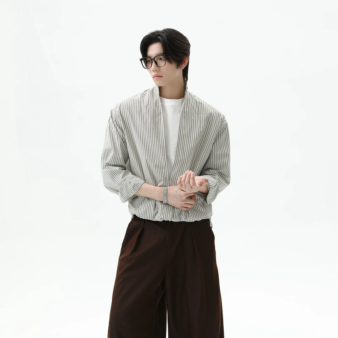 TURNTIDE 高质感假两件设计长袖V领条纹衬衫休闲男宽松百搭衬衣