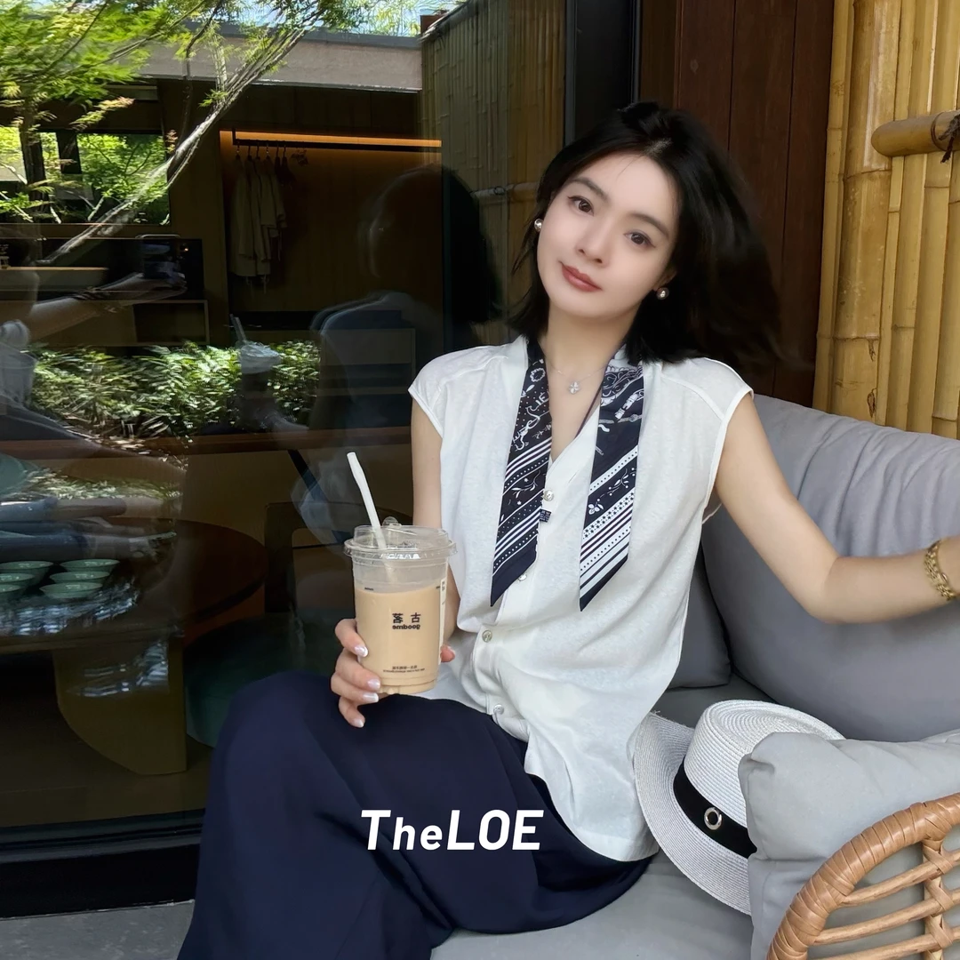 TheLOE/叠扣高级丝巾T棉质纽扣气质丝巾减龄女上衣#07.04C-G6011