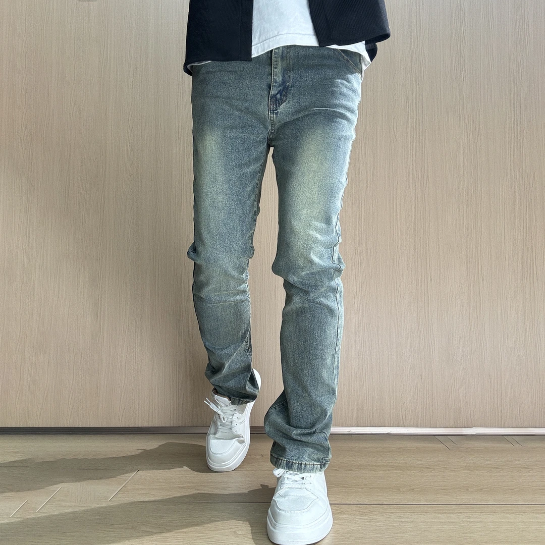 复古蓝窄版修身牛仔裤男2025春季水洗美式裤子学生显瘦小直筒长裤