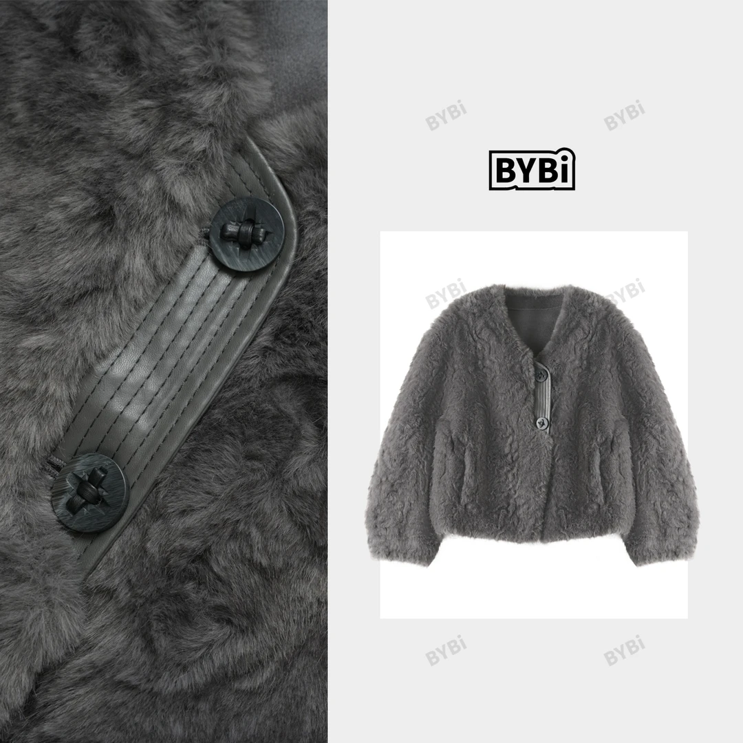 Barbie Siyu【流行歌】5099冬季时尚皮边拼接纽扣气质毛毛外套