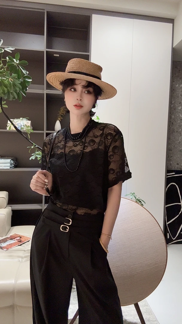 FANYE 2025夏季新款设计感圆领提花镂空短袖T恤25330