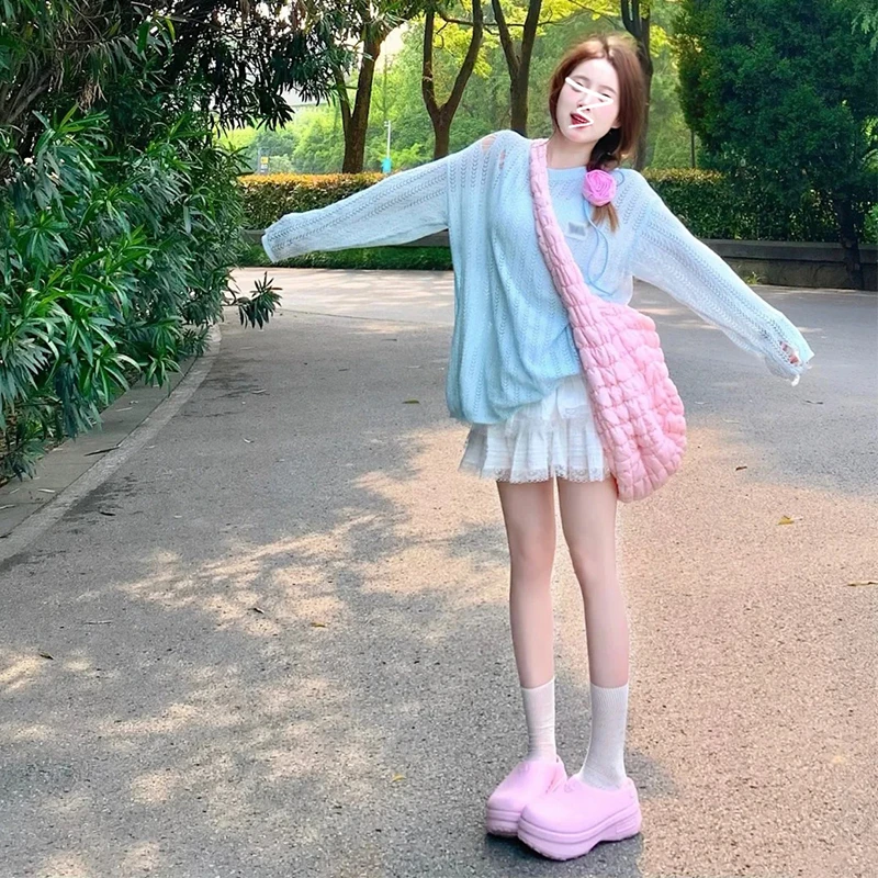 蓝色镂空外搭防晒罩衫女夏季薄款2025新款慵懒风长袖针织上衣