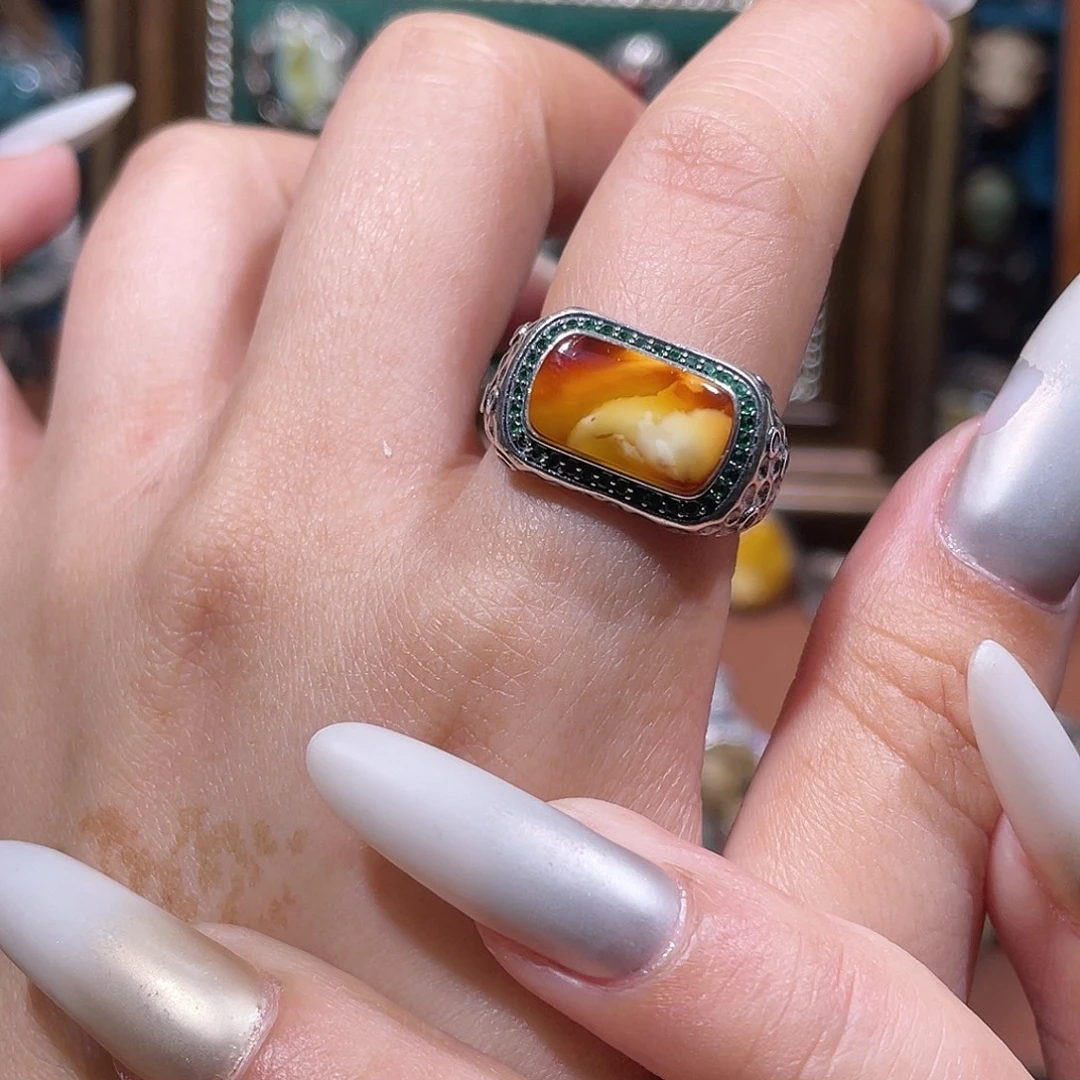 琥珀银S925镶嵌戒指戒指