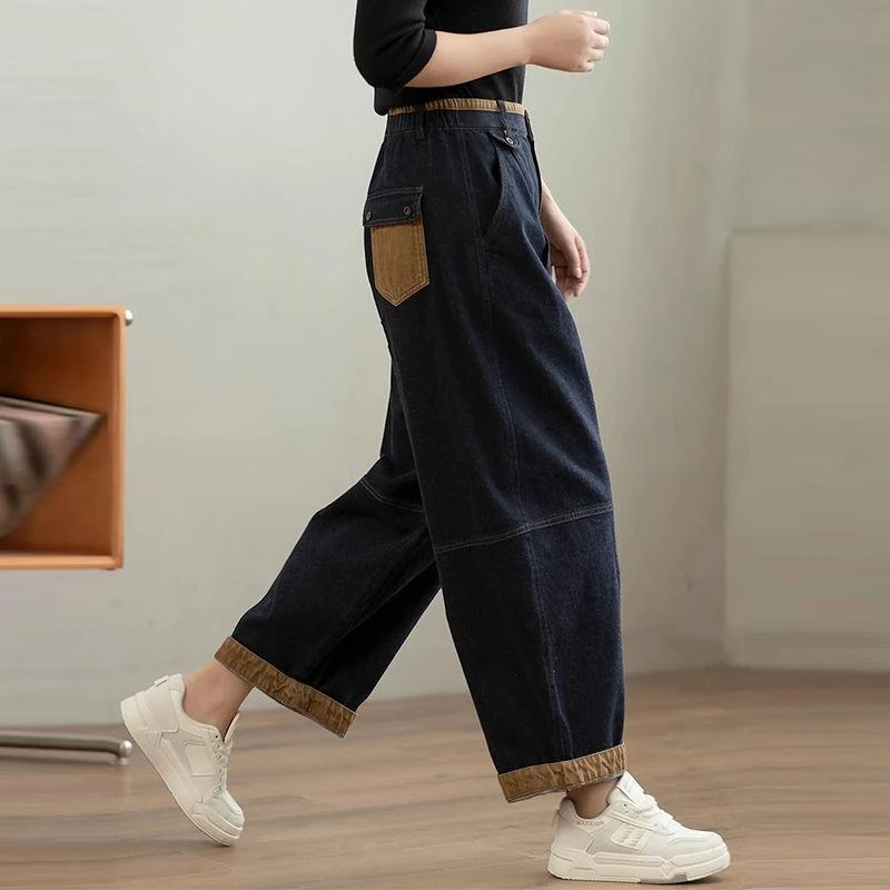 2025春季新款哈伦女裤复古大码休闲撞色宽松水洗牛仔裤阔腿老爹裤