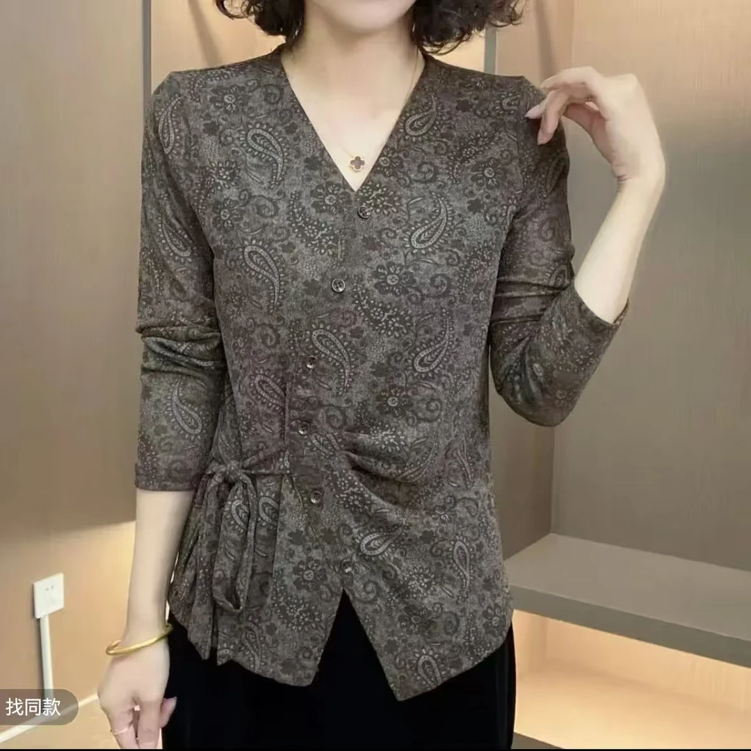 2025秋季新款V领不规则系带修身凤尾花洋气时尚妈妈装打底衫上衣