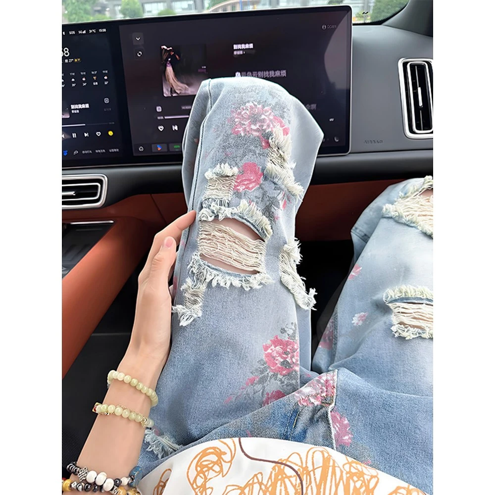 蓝色花卉破洞牛仔裤男款夏季高个子显瘦裤子玫瑰满印直筒微喇长裤