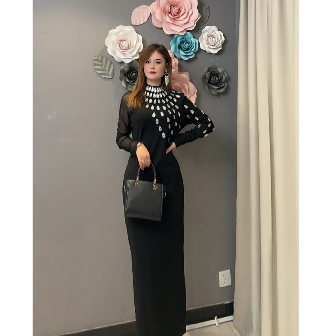 8780【包邮】新款水晶钻镶嵌礼服款女装连衣裙