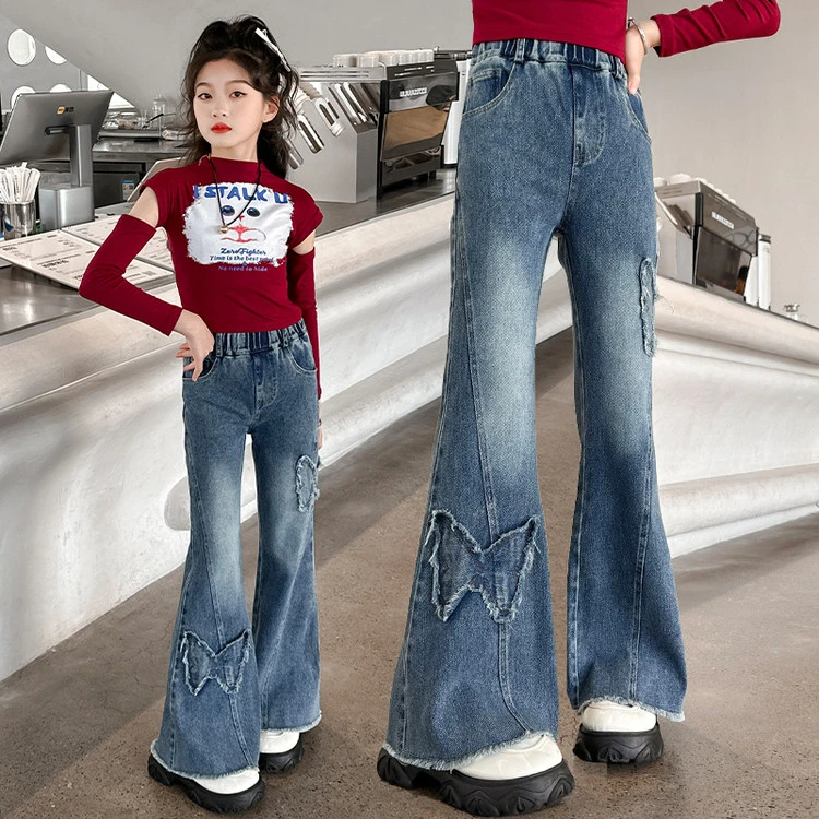 女童裤子2025季新款喇叭裤儿童中大童春秋休闲弹力休闲牛仔裤子