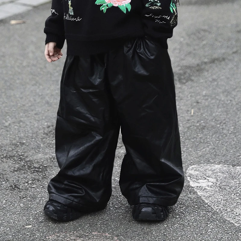 【现货】Jimmy妈童 痞帅潮酷 冬季儿童加绒加厚百搭休闲直筒裤皮裤