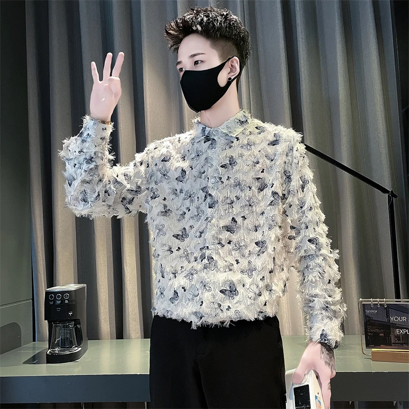 发型师衬衫男潮流设计感小众长袖衬衣韩版修身毛边潮牌高级感上衣