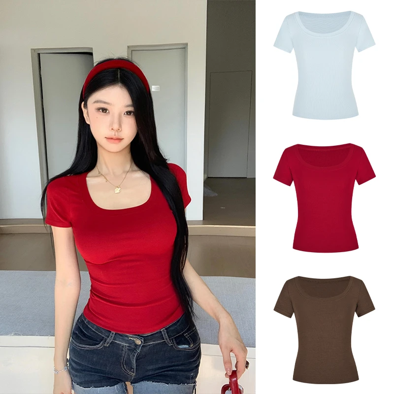 Moses Queen/魔西女王正肩修身收腰短袖夏季时髦凉感U领显瘦T恤女