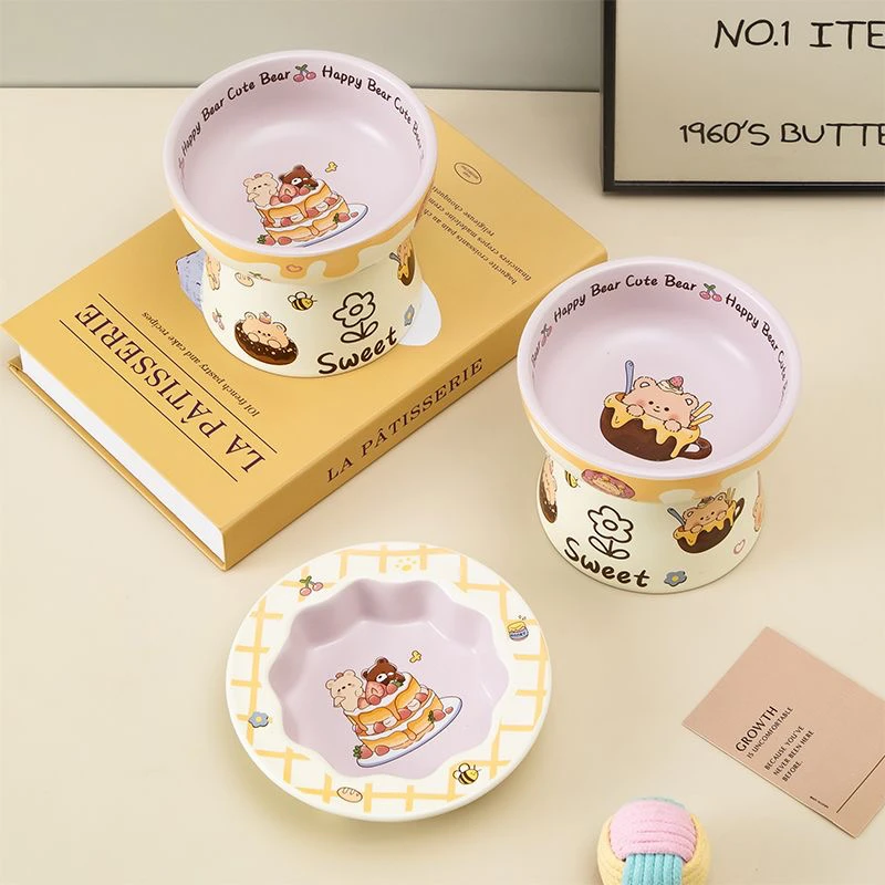 可爱卡通高颜值大口径护颈高脚猫狗通用宠物食盆