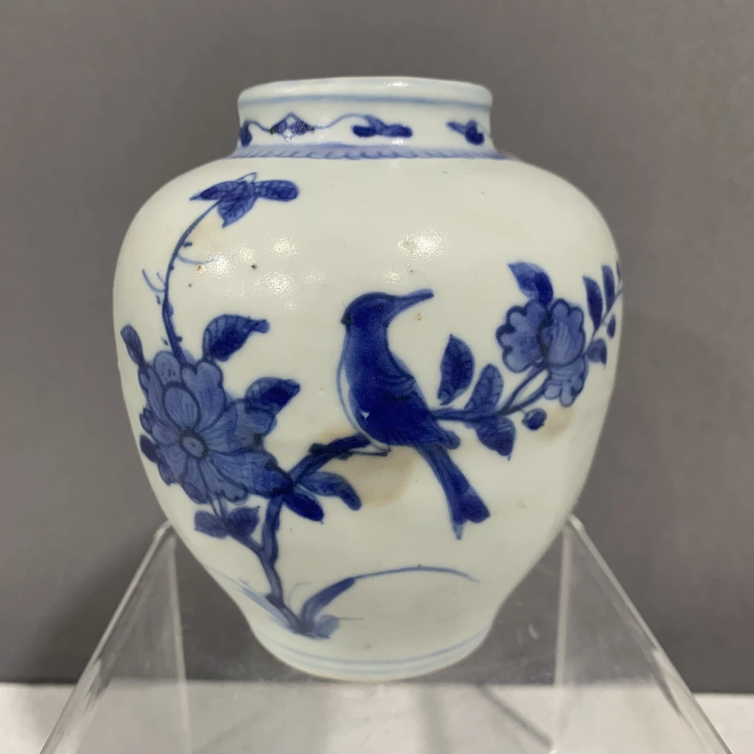 A0831113 明晚期 青花花鸟纹罐 高度10.5 肚径9 口径4.5