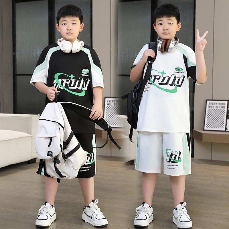 男童加肥加大短袖T恤中大童夏季休闲运动套装洋气帅气初中生胖童