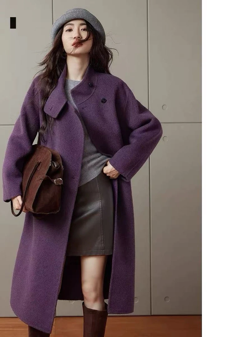 女装韩版外套紫色廓形中长款大衣毛呢外套长款