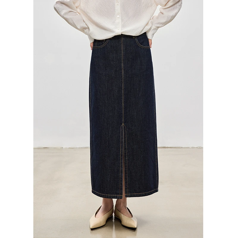 鲸乎全棉前开叉设计直筒牛仔半身裙女2025新款复古高腰显瘦半裙