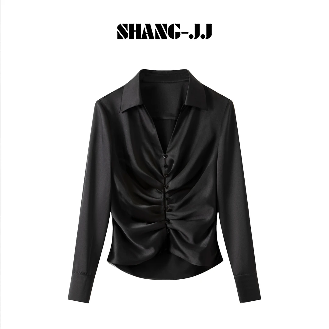 SHANG-JJ【法奢黑玫】25ss新品醋酸立体褶皱光泽黑色上衣q133677p