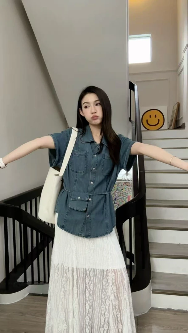 复古水洗休闲百搭翻领单排扣牛仔短袖衬衫（配腰包）#K537