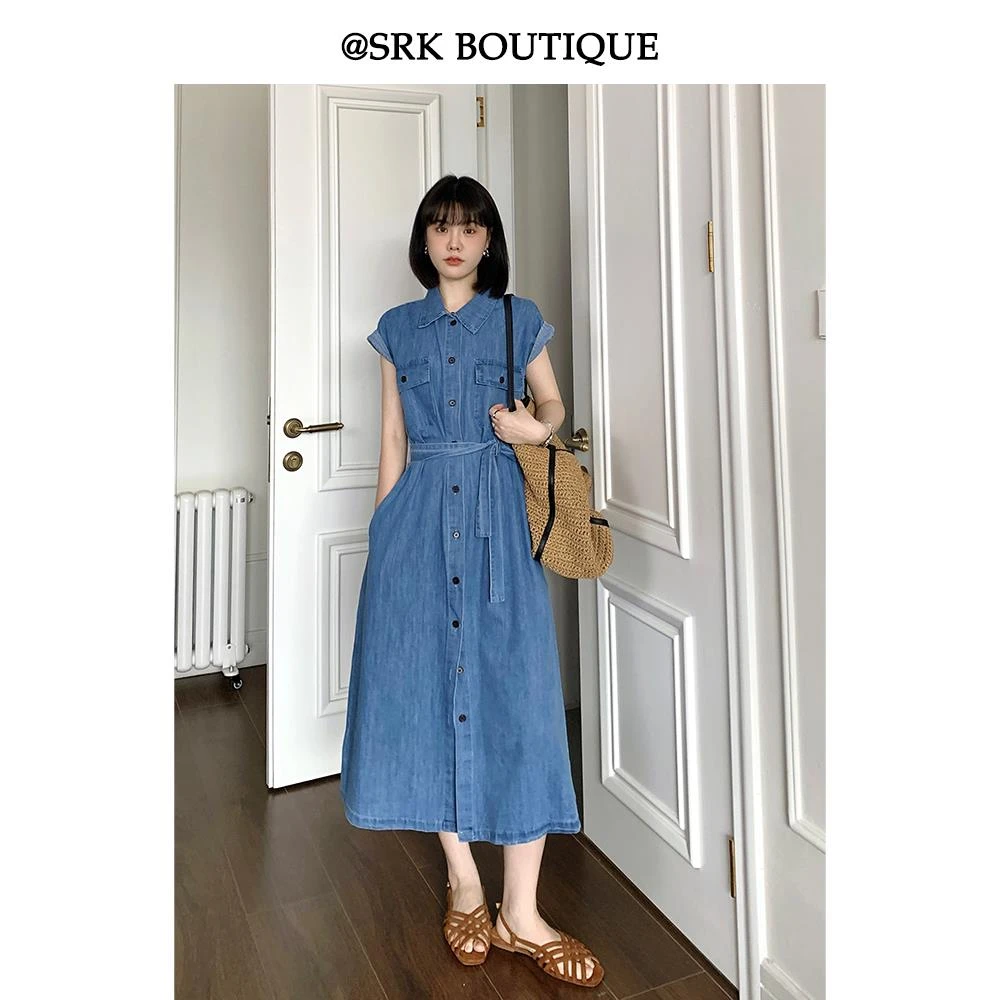 法式复古蓝牛仔连衣裙高级气质收腰长裙高端休闲夏季新款