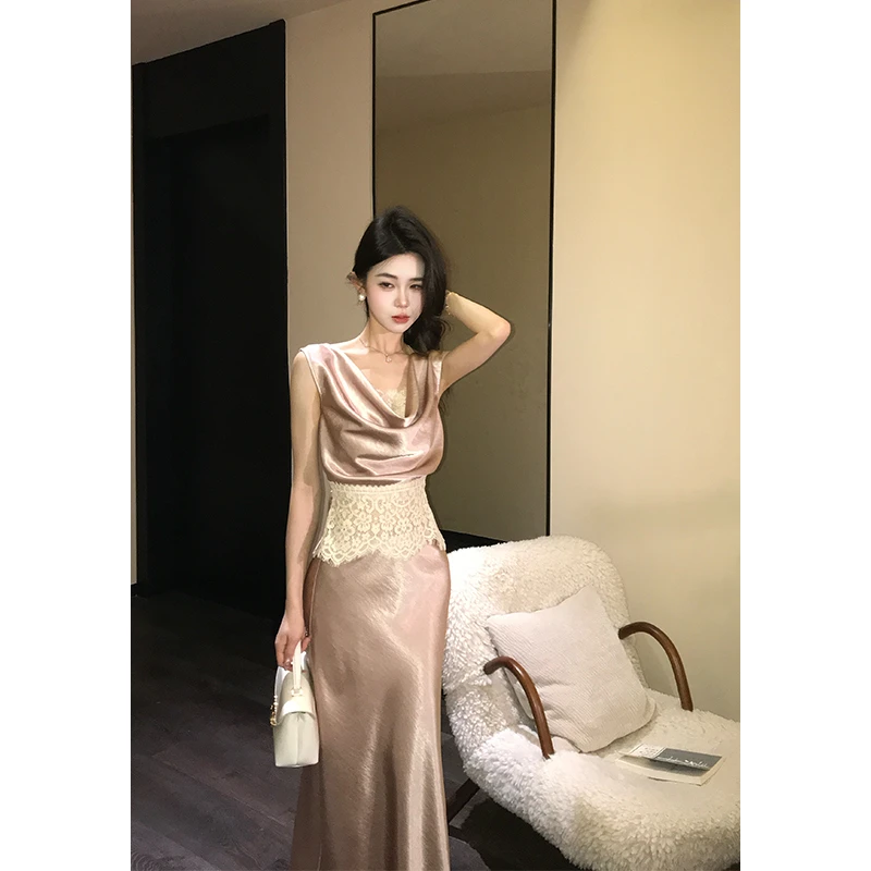 木子李的李【万里可期】无袖荡领蕾丝上衣缎面鱼尾半身裙套装LL9568