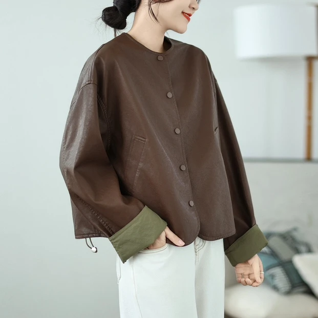 2025春秋两面穿PU短款皮衣外套女高级感新款蝙蝠袖圆领夹克上衣
