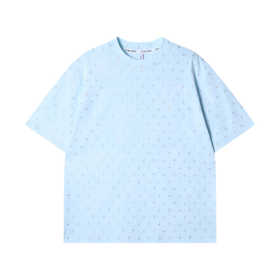 夏季高级感新款美式纯色十字印花圆领短袖T恤痞帅百搭上衣时尚