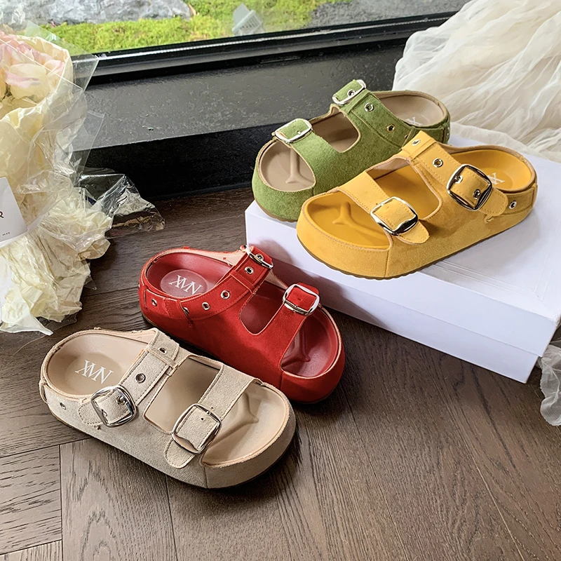 【苹果派】薄款夏季一字型一字拖圆头法式中跟防滑松糕底日常