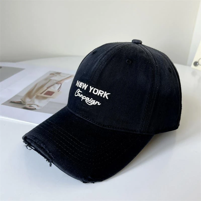 韩版渐变字母刺绣软顶棒球帽女破洞鸭舌帽男款宽檐显脸小帽子潮