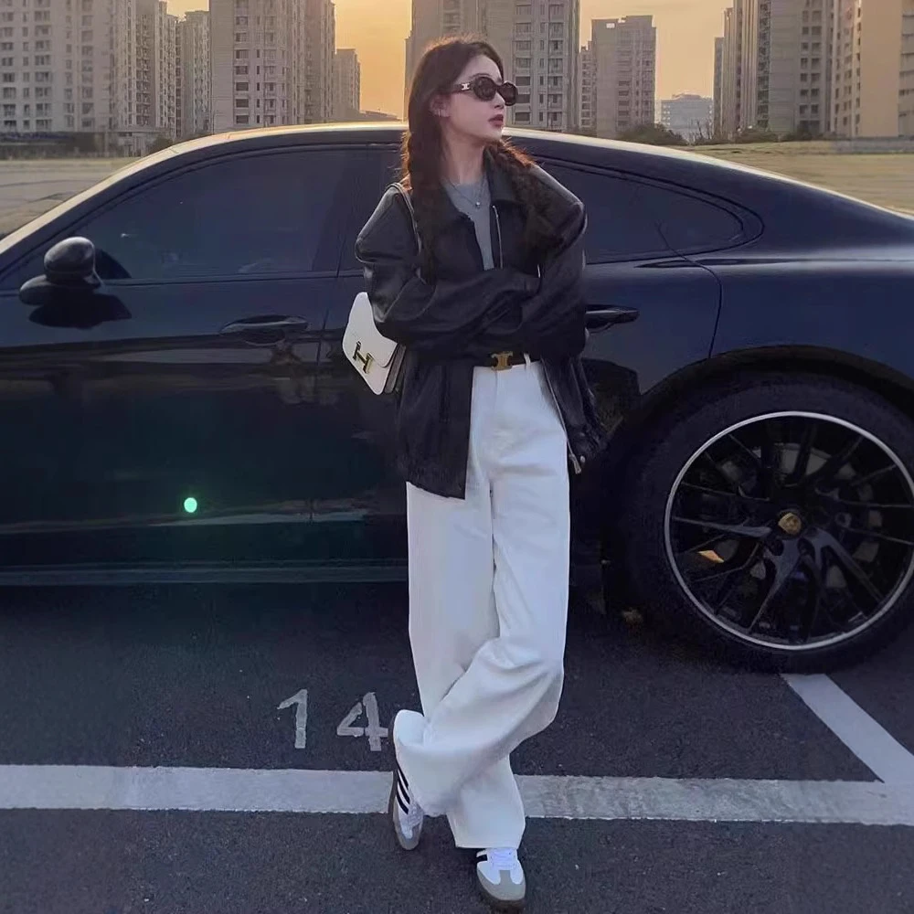 白色直筒牛仔裤女加绒秋冬大码胖mm高腰显瘦遮胯梨形身材阔腿大码