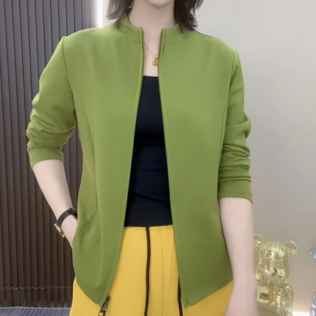 2025春季服装新款时尚双拉链纯色立领减龄气质显瘦长袖上衣K5173