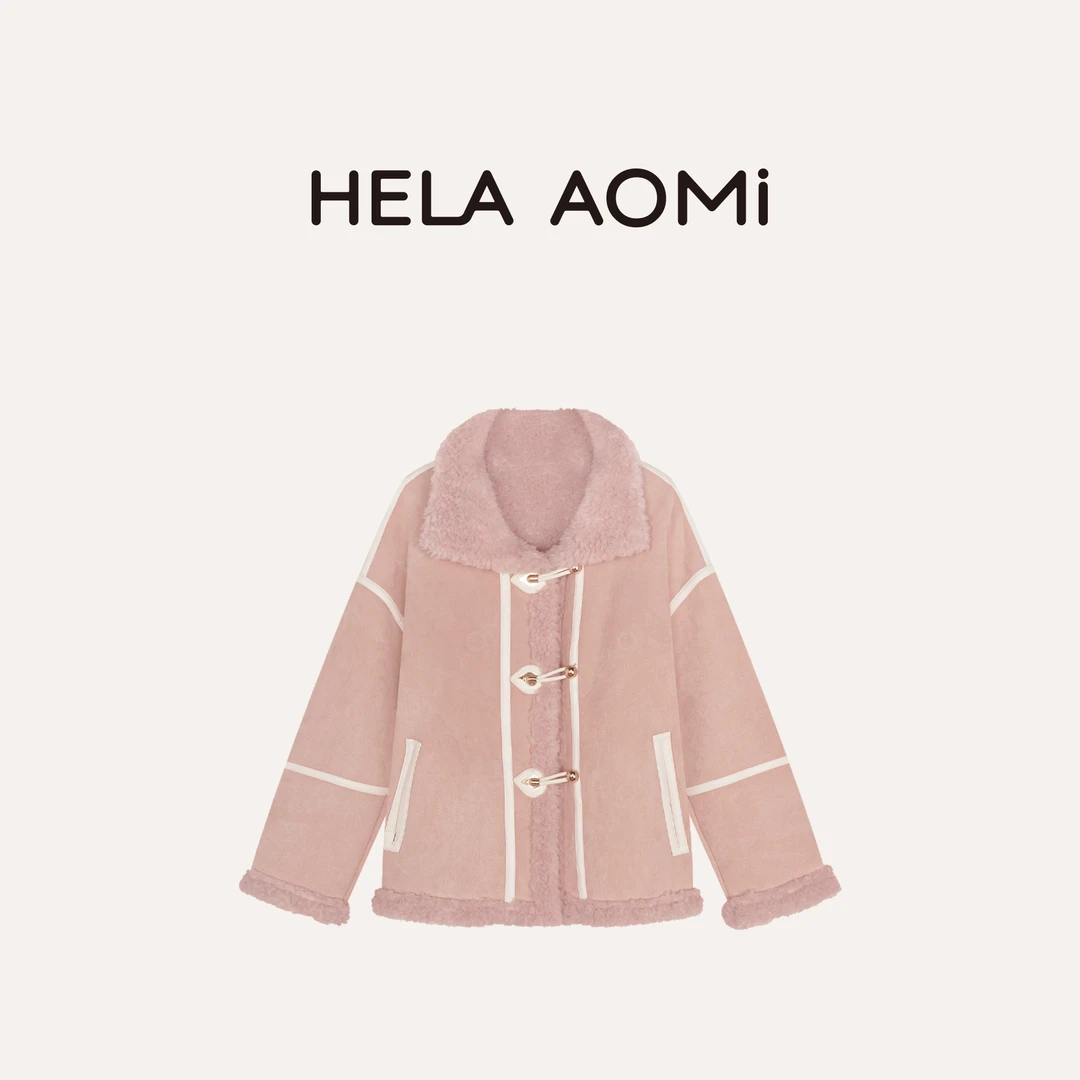 HELA AOMI “爱心扣.暖杏羔羊”绵羊毛100%盘扣立领皮草CY5DC29411